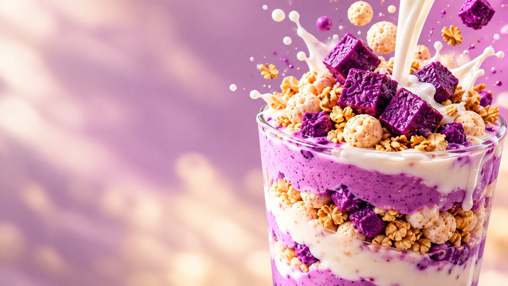 Layers of purple ube and cream in a tall glass, milk pouring in.