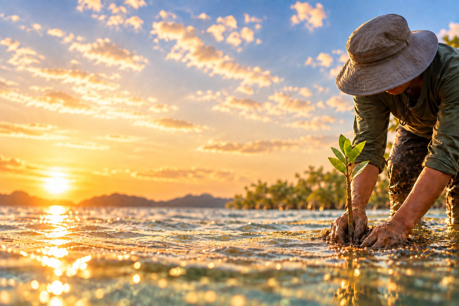 A planter pressing a young mangrove sapling into shallow water at sunrise.