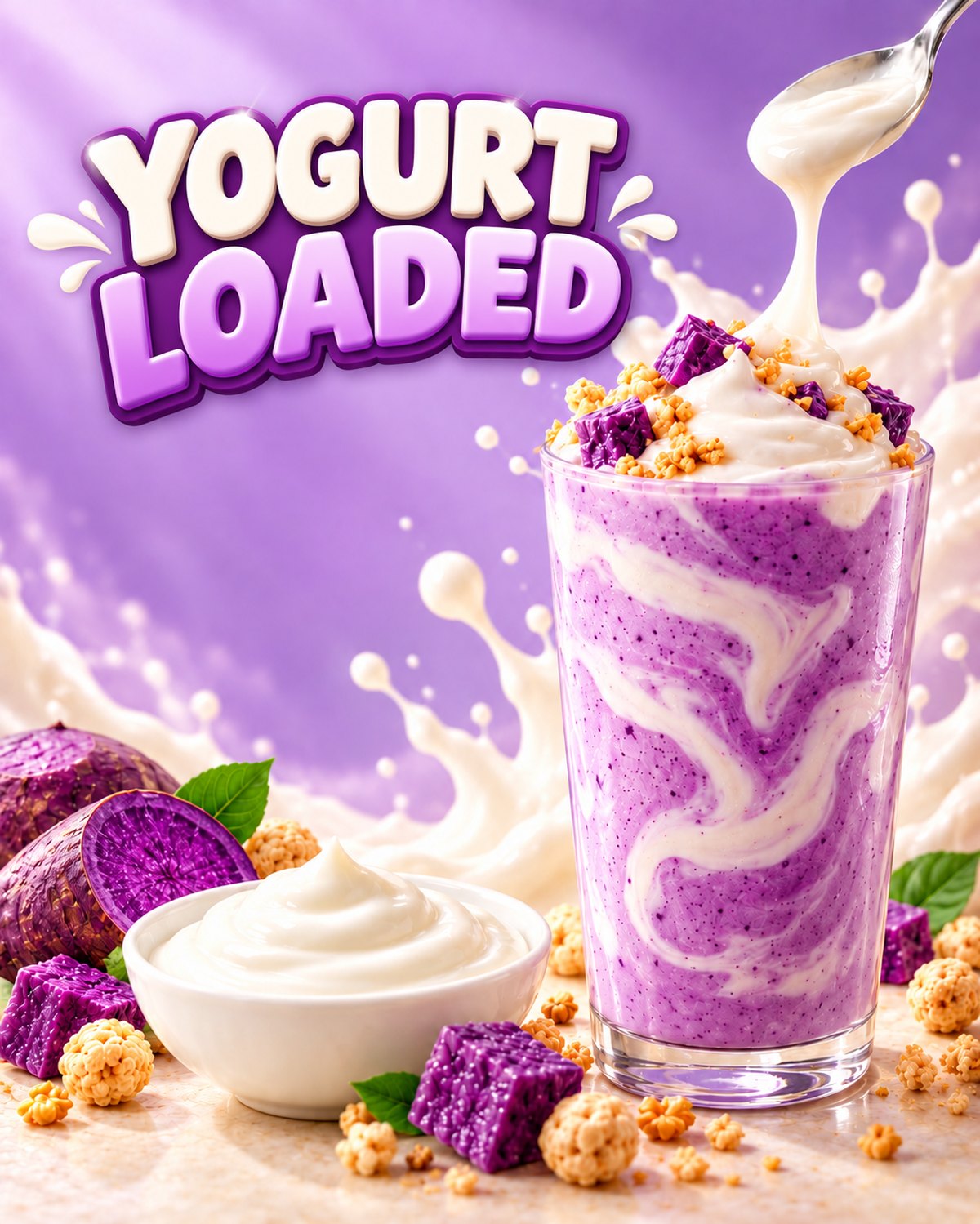 A tall glass of ube yogurt shake swirled with thick white yogurt.