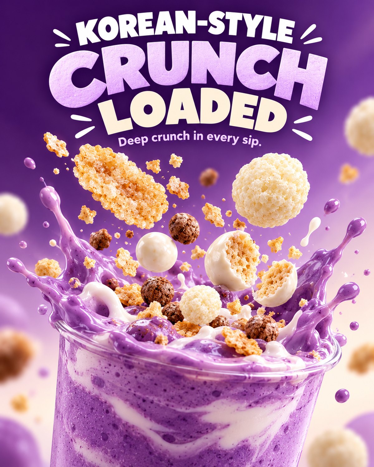 Crisp pieces falling into a splash of ube yogurt shake.