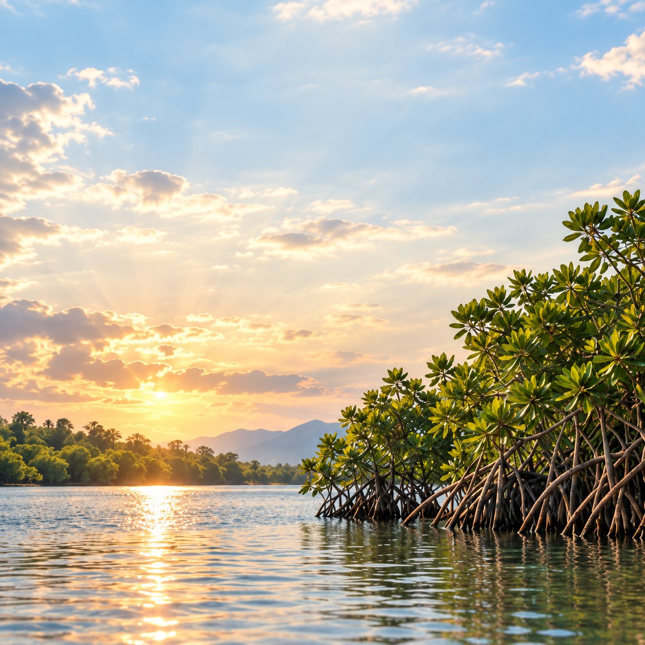 Mangroves standing on their prop roots in shallow water at sunrise.