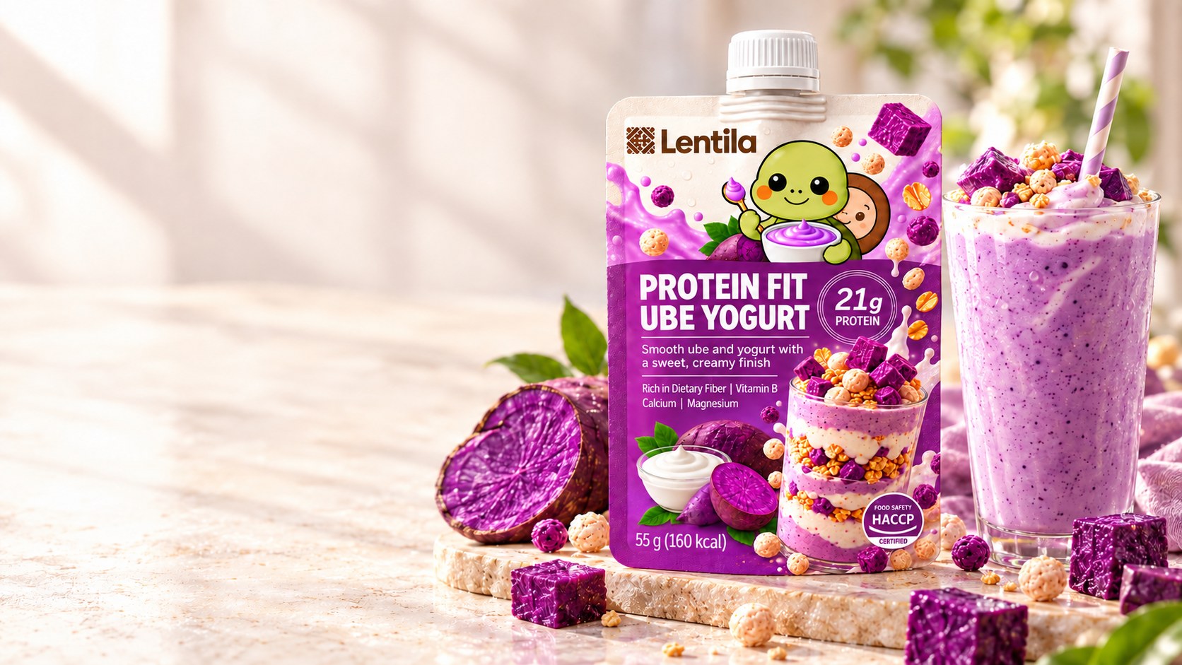 A Lentila ube yogurt pouch beside a glass of purple shake.