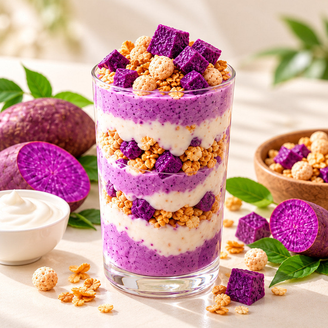 A glass of layered ube yogurt shake.