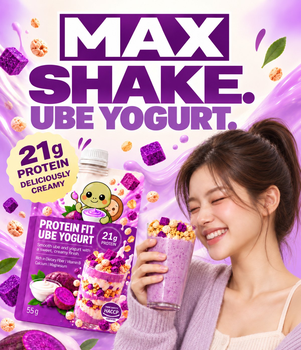 A young woman laughing with a glass of ube yogurt shake and the pouch beside her.