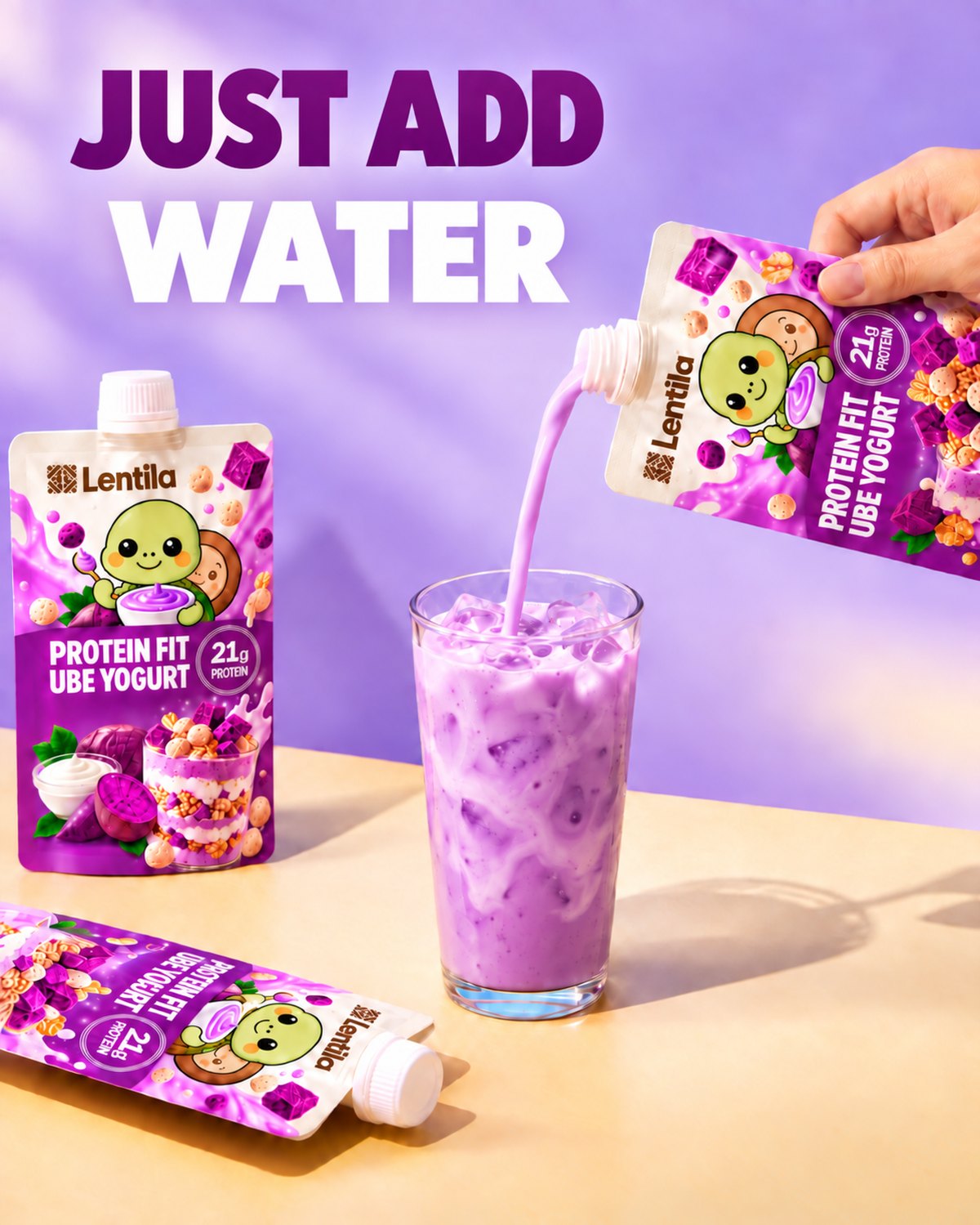 Water being poured into a glass of ube yogurt shake.