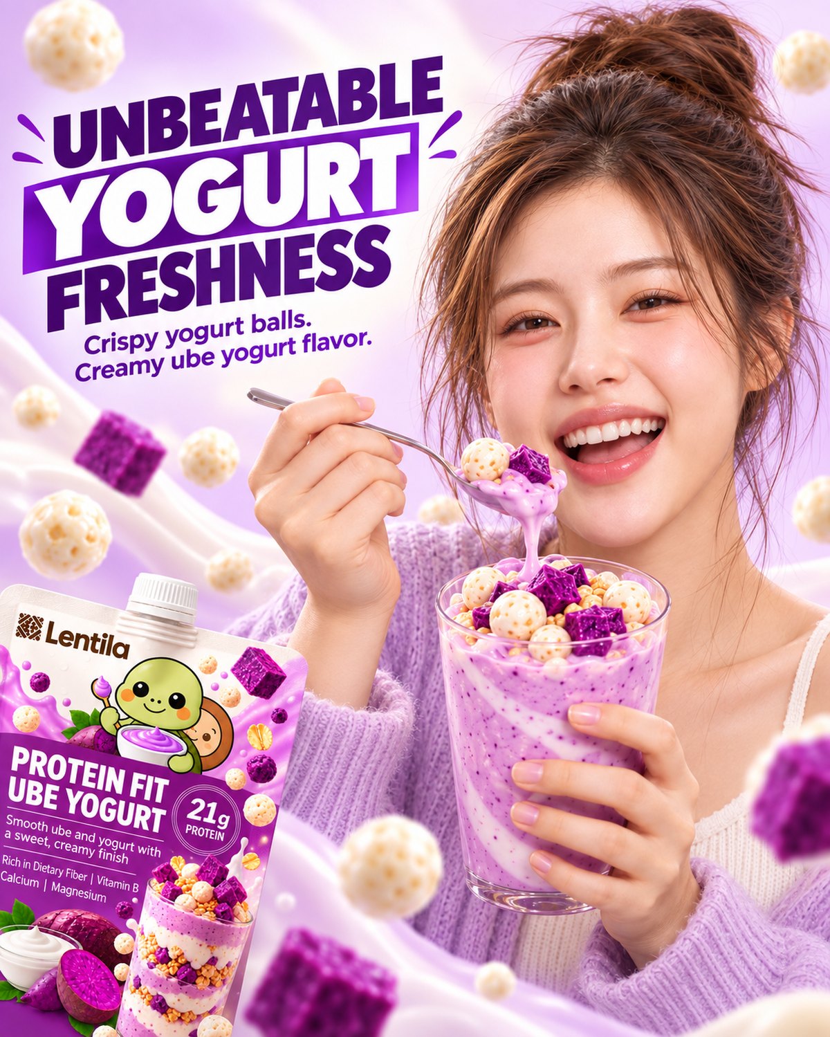 A young woman eating the shake with a spoon, crisp pieces on top.