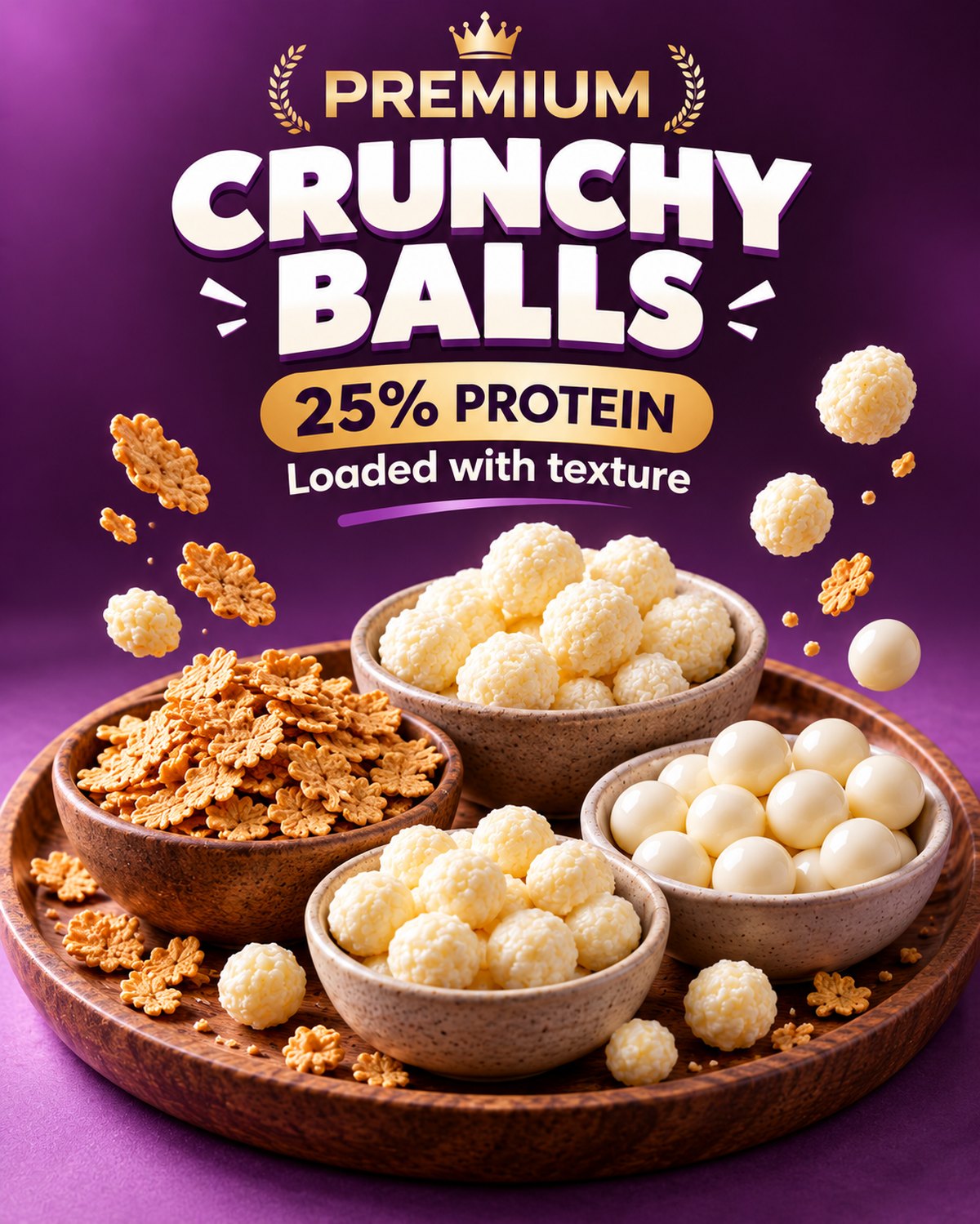 Bowls of the crunchy pieces on a wooden tray.